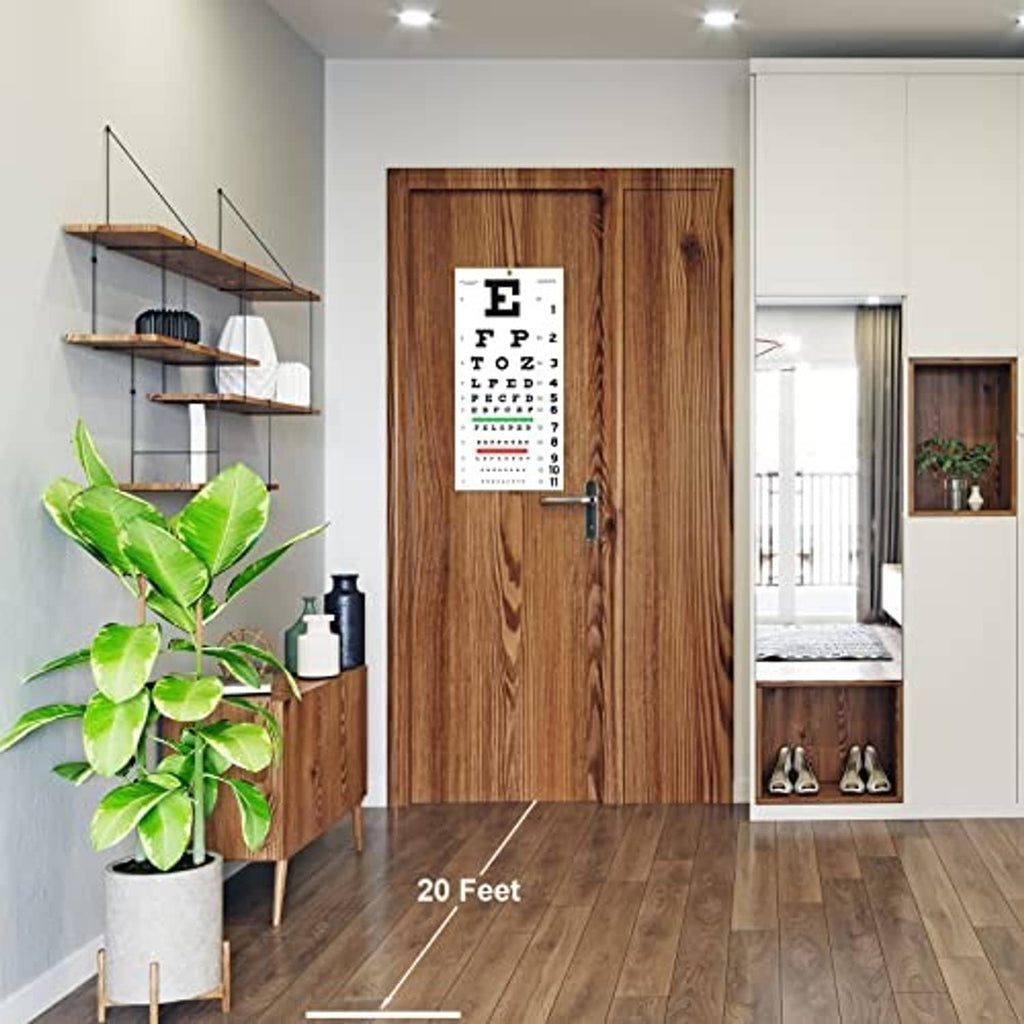 Snellen eye chart on a door with black letters and numbers 1 to 11