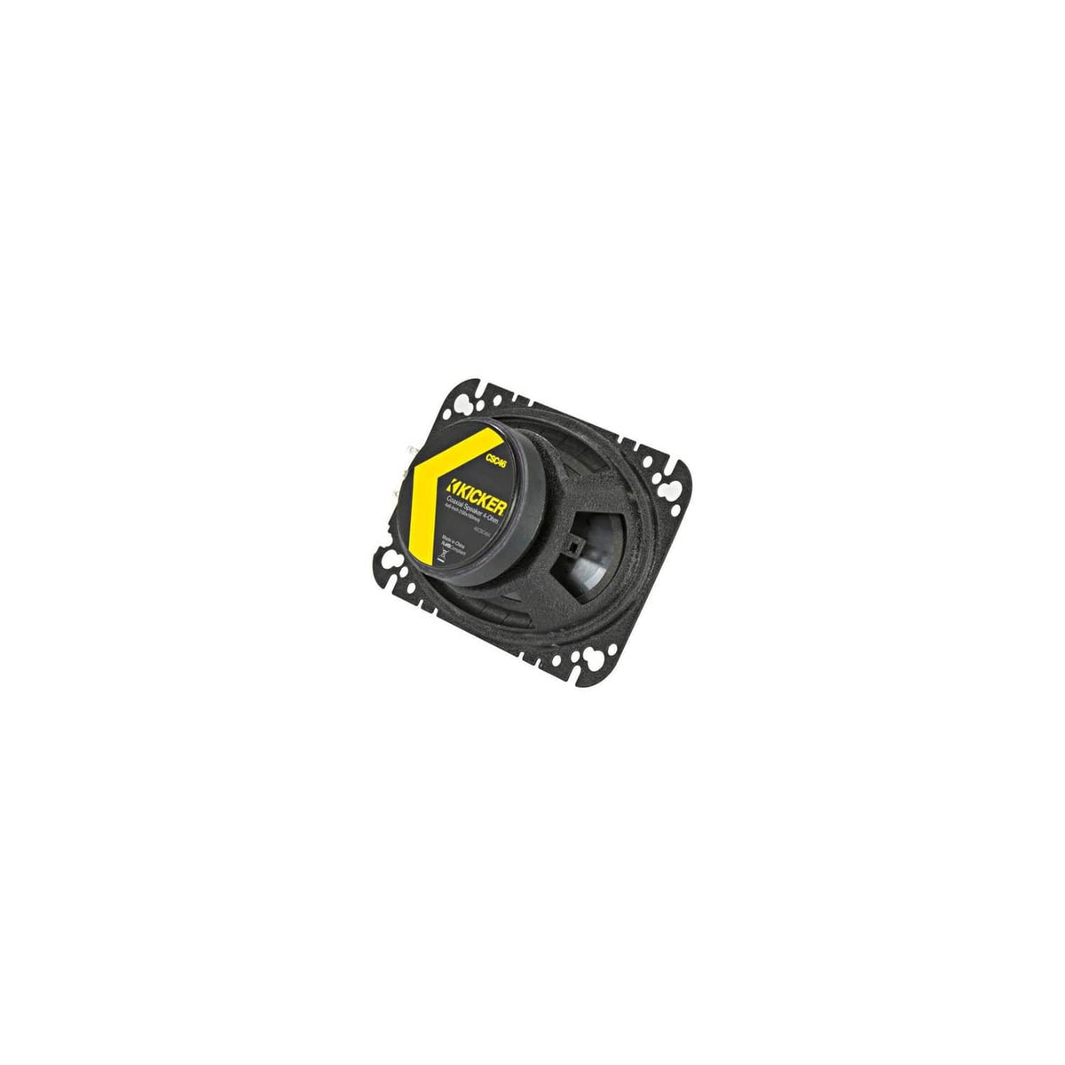 KICKER coaxial car speaker with black frame, yellow center cap, and mounting gasket