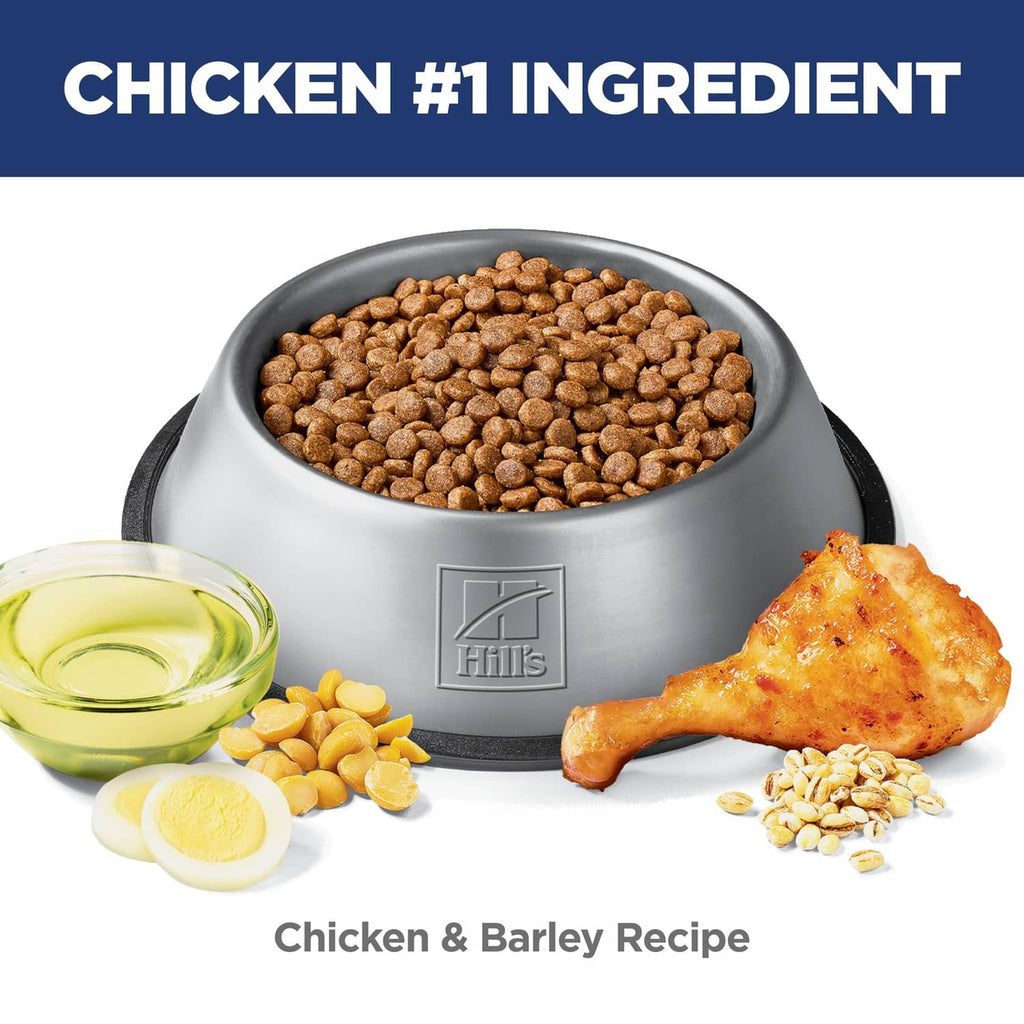 Dog food kibble in bowl with chicken and barley recipe illustration