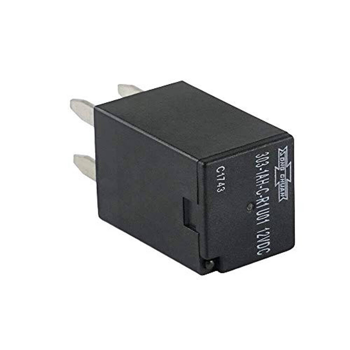 Black cooling fan relay side view with engraved label and two metal mounting pins protruding.