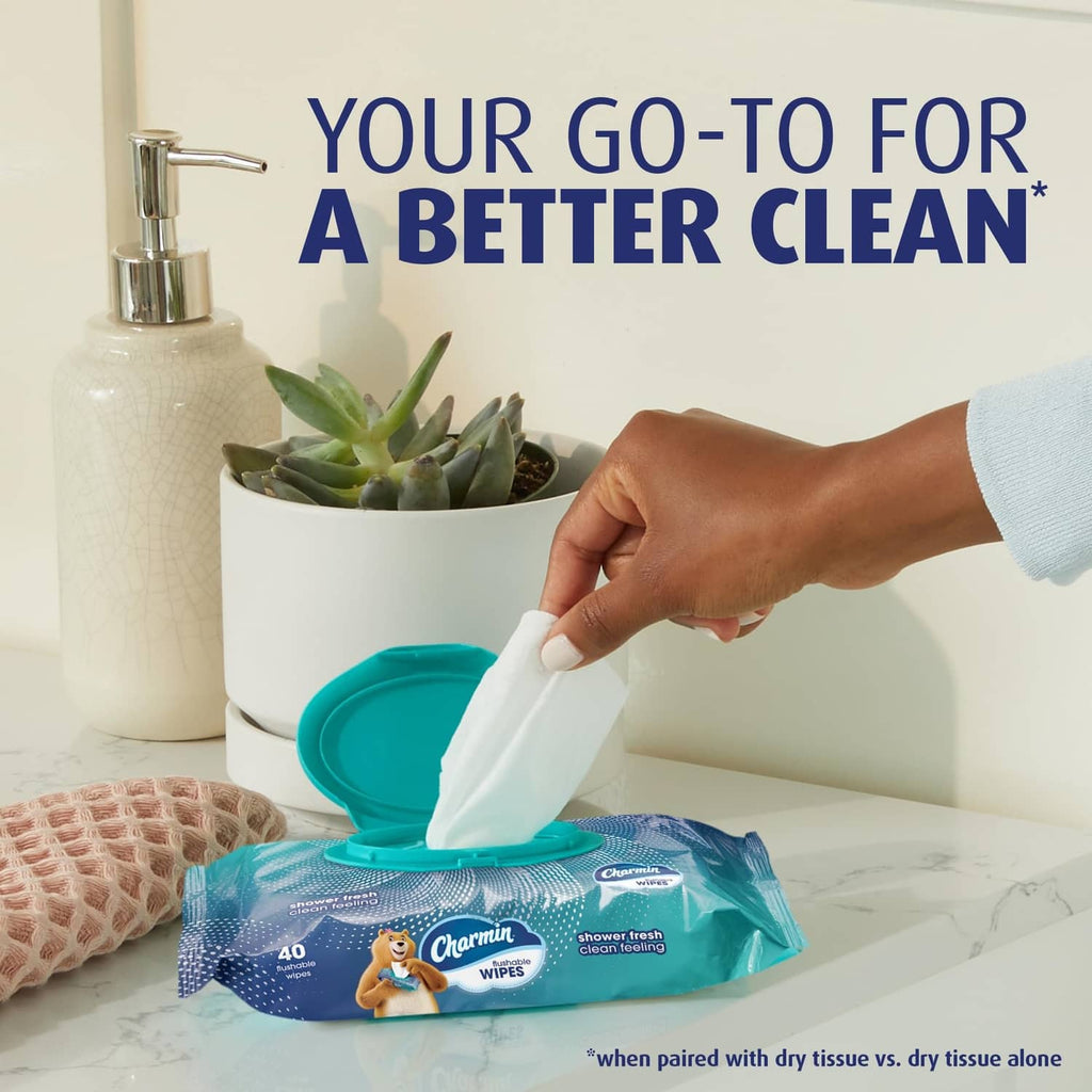 Charmin flushable wipes packet with hand pulling a wipe for use on a toilet