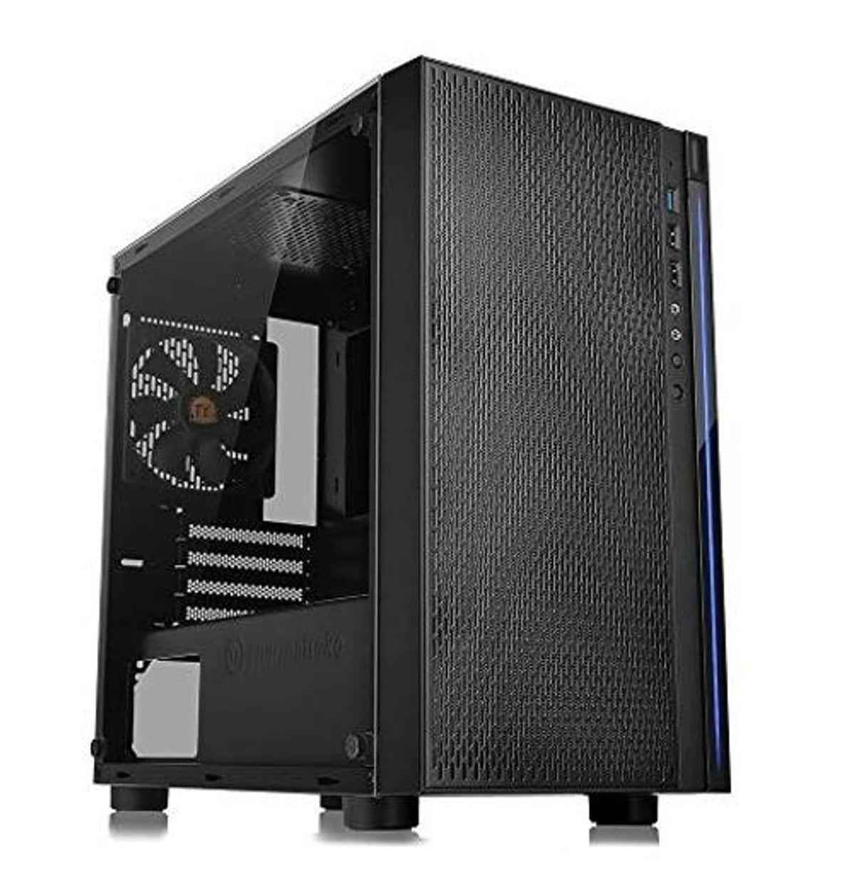 Black micro ATX PC case with tempered glass side and blue-accent I/O ports