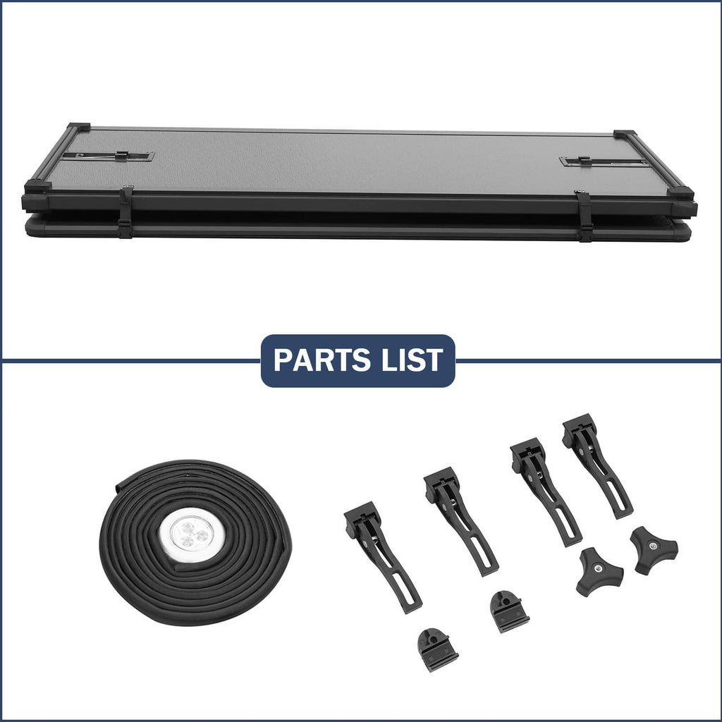 Hard tri-fold tonneau cover kit with seal roll and mounting brackets