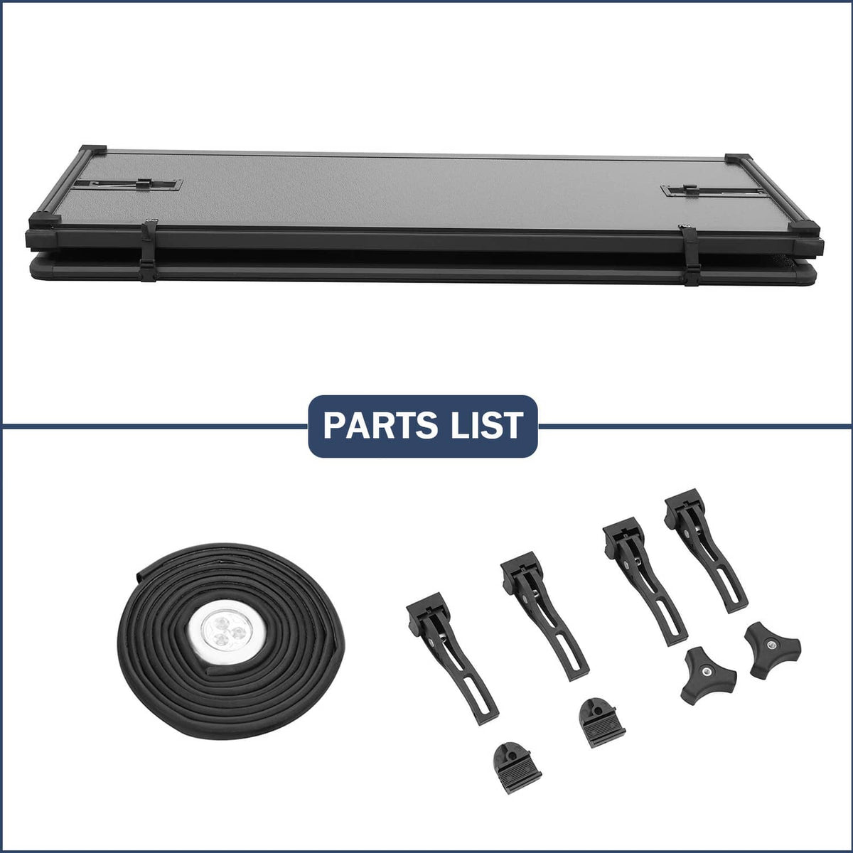 Hard tri-fold tonneau cover kit with seal roll and mounting brackets