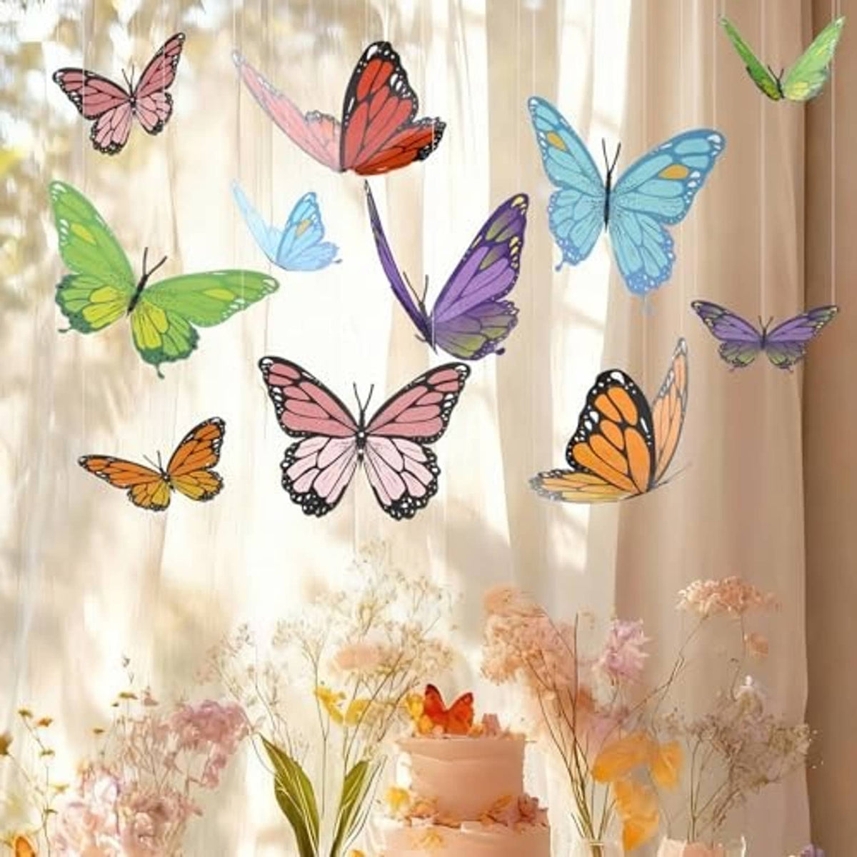 Assorted pastel 3D paper butterflies hanging on light curtains for party decor