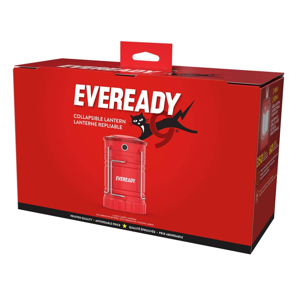 Red retail package box featuring an illustrated collapsible LED lantern.