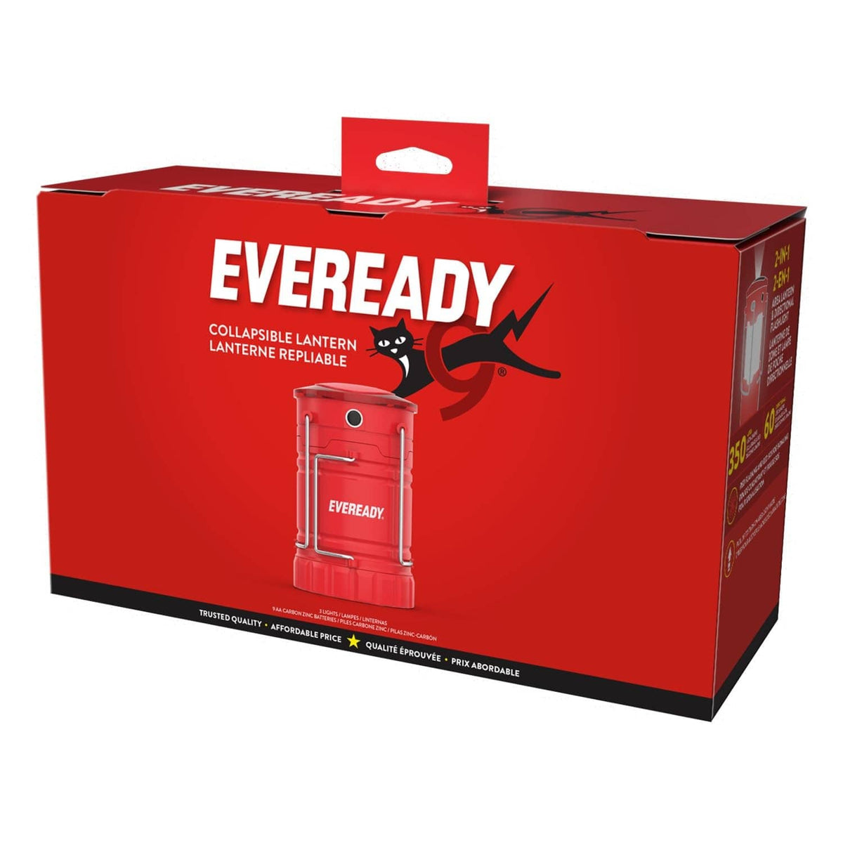 Red retail package box featuring an illustrated collapsible LED lantern.