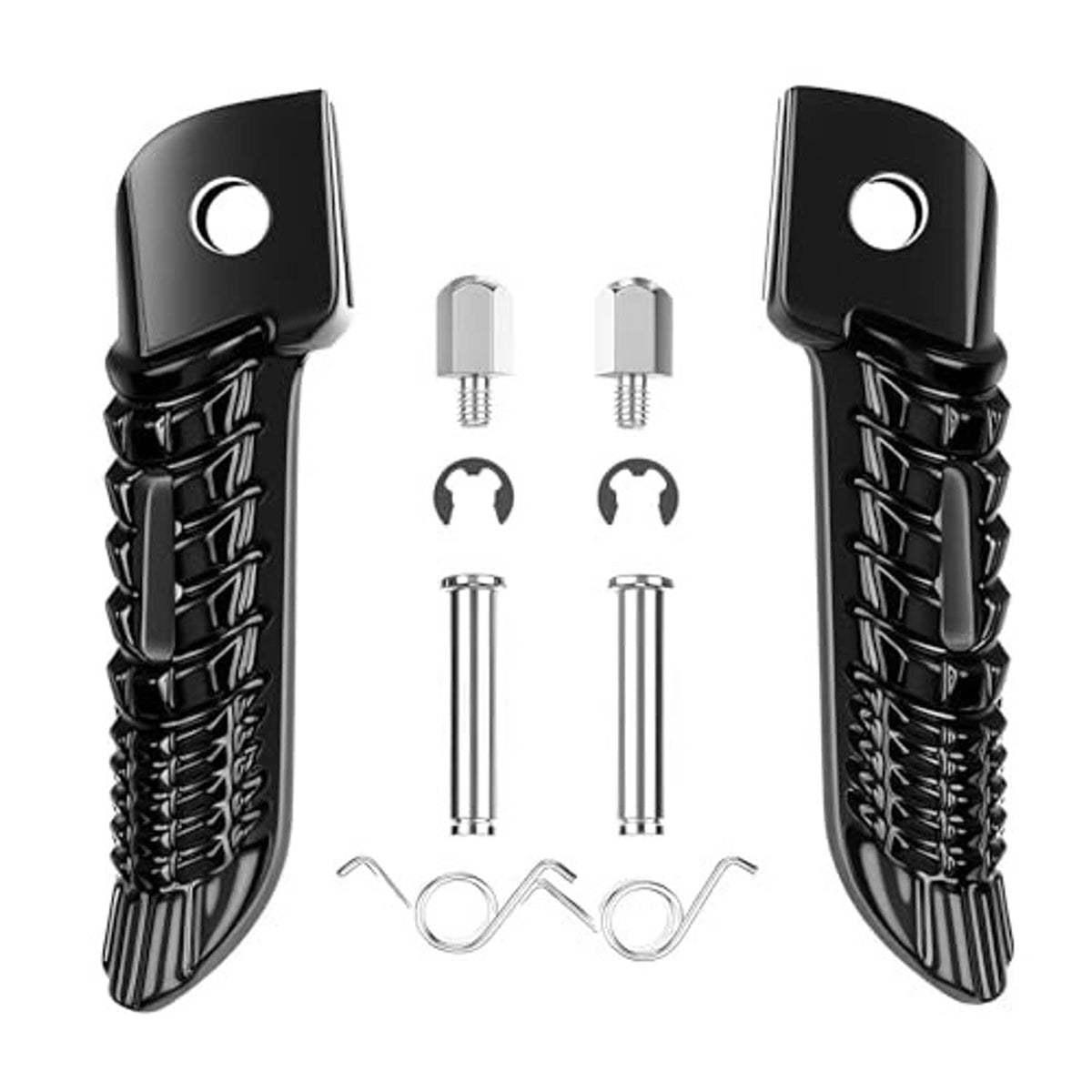 Black front foot pegs kit: two pegs, four pins, and spring clips.