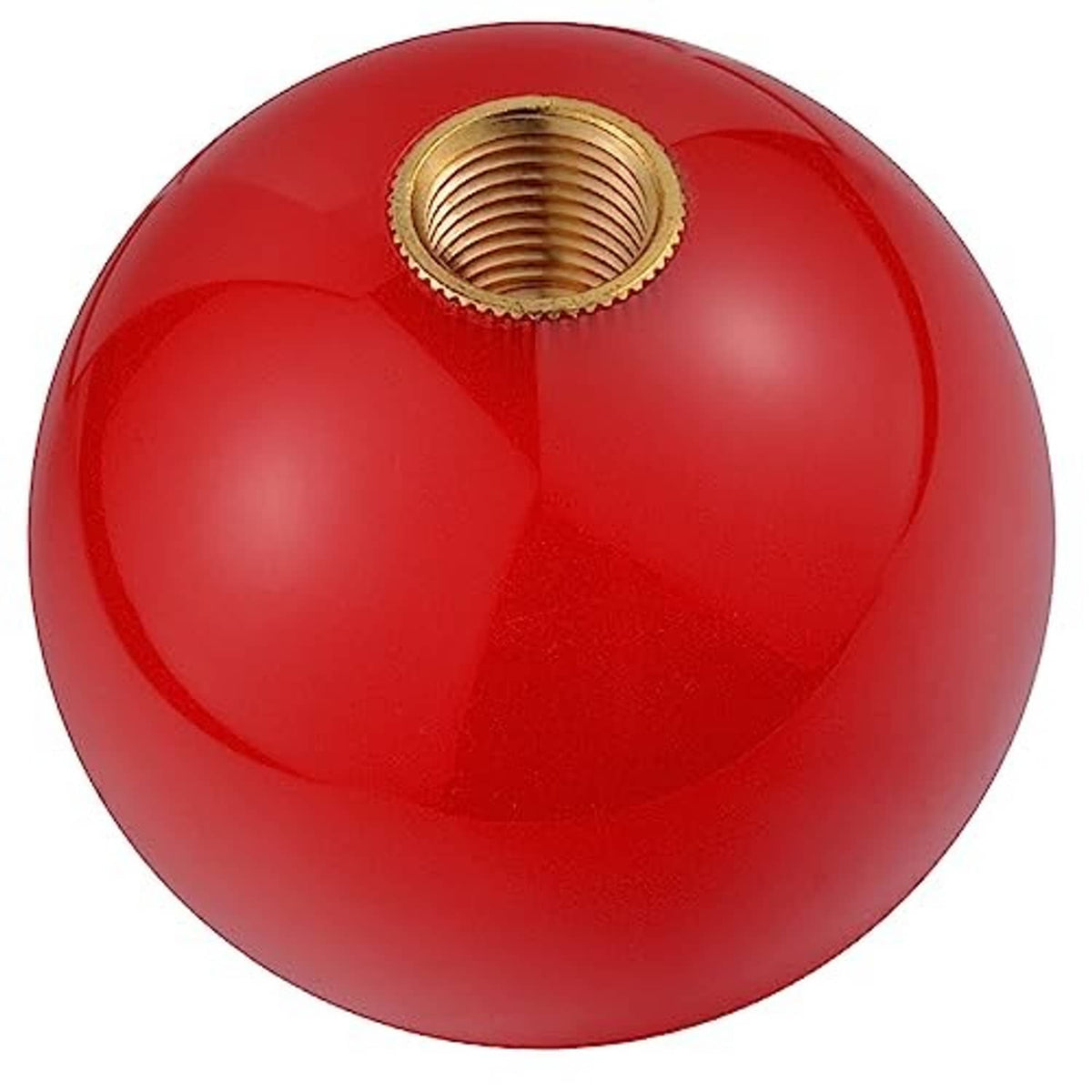 Red gear shift knob with gold threaded mounting opening on glossy round face