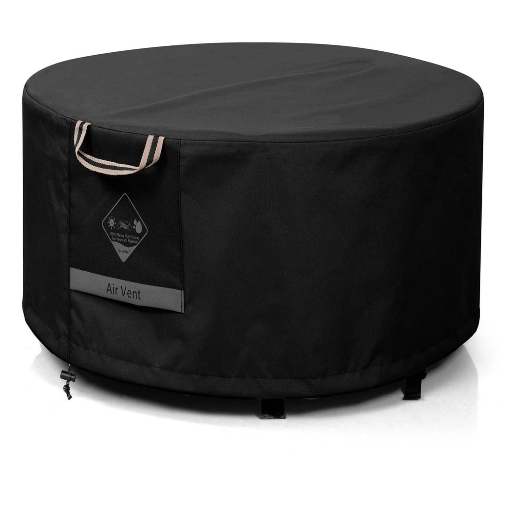 Round black fire pit cover with drawstring handle, air vent panel, and tie straps