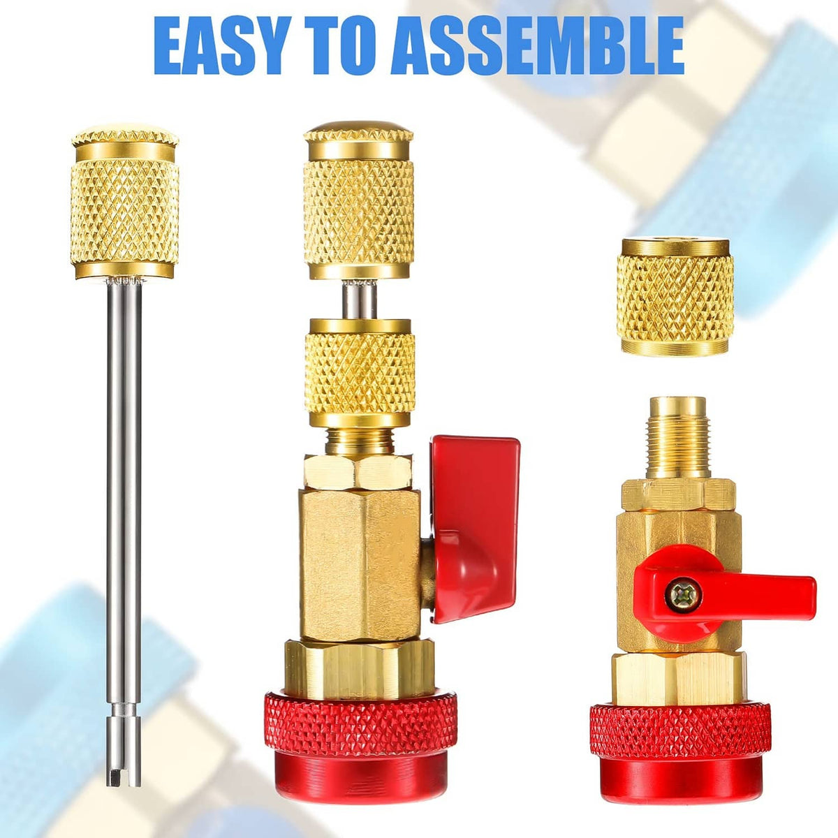 Valve core remover assembly showing gold parts, red lever, and brass valve insert