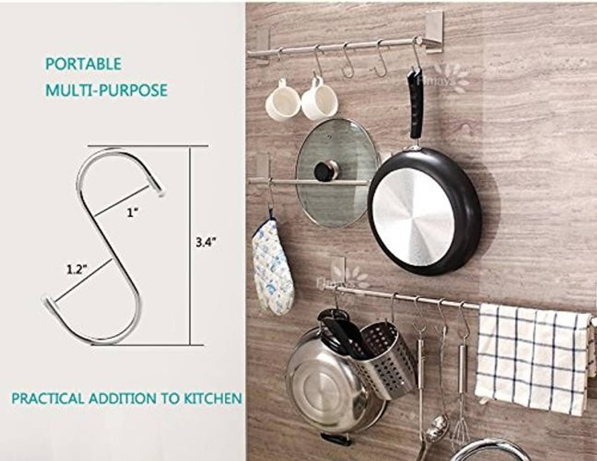 S-shaped hanging hooks for kitchen use, shown on a wall-mounted organizer bar