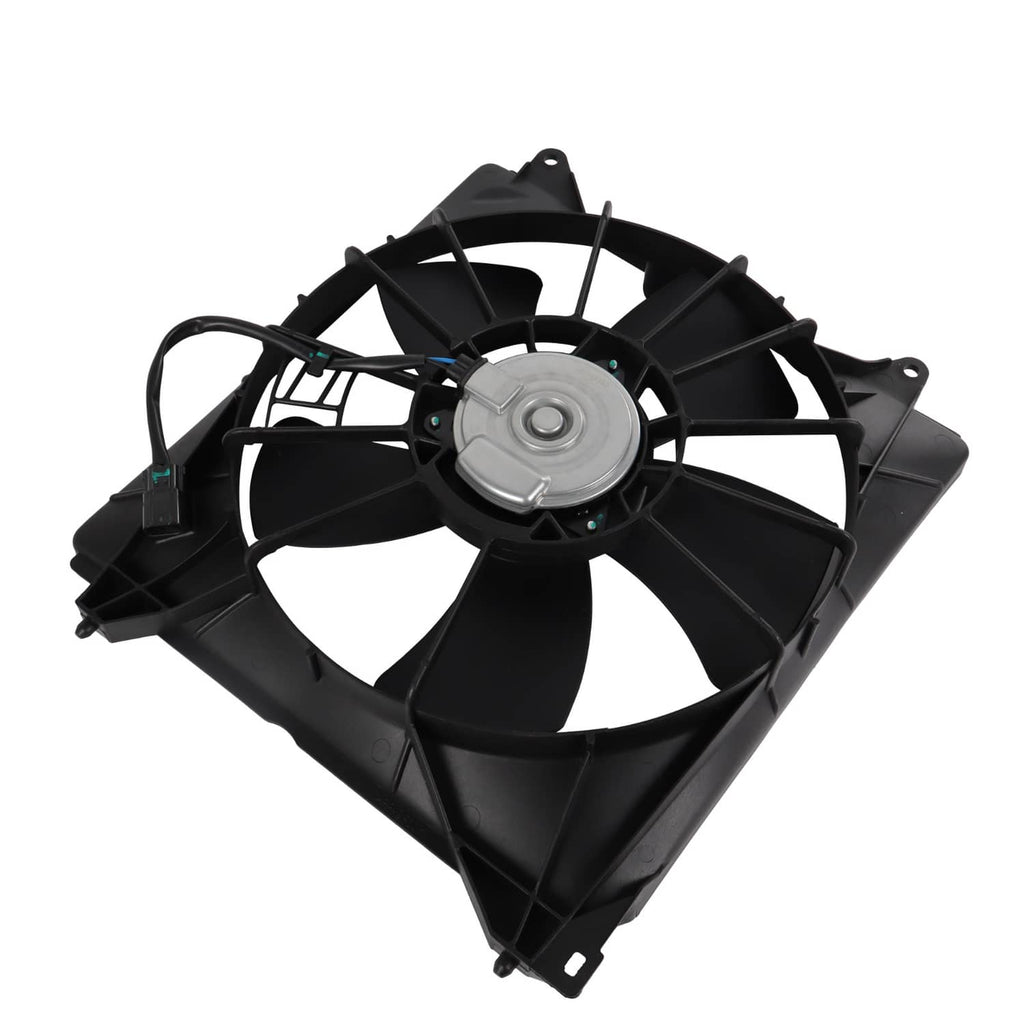 Radiator cooling fan assembly with black fan blades, motor hub, and mounting frame