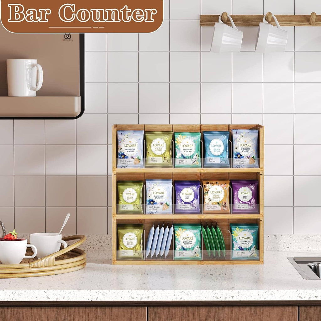 Natural bamboo 3-tier tea bag organizer cabinet style, filled with tea packets