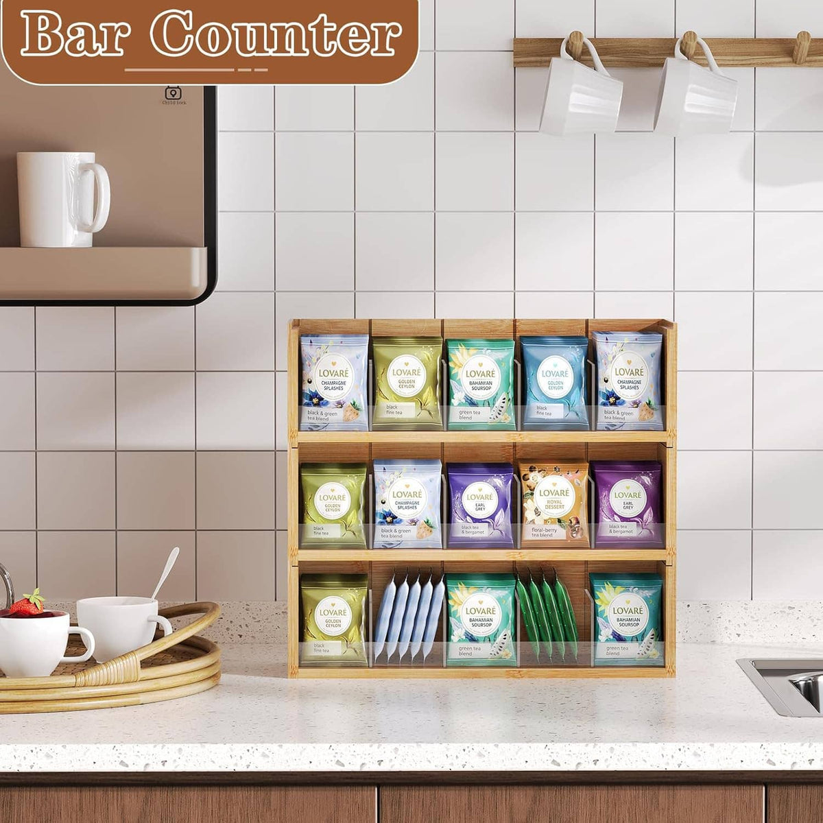 Natural bamboo 3-tier tea bag organizer cabinet style, filled with tea packets