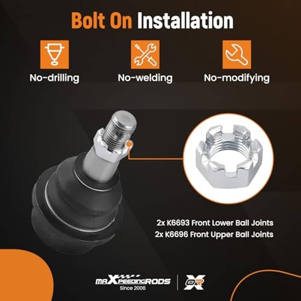 Bolt-on installation graphic for ball joints with no-drilling icons