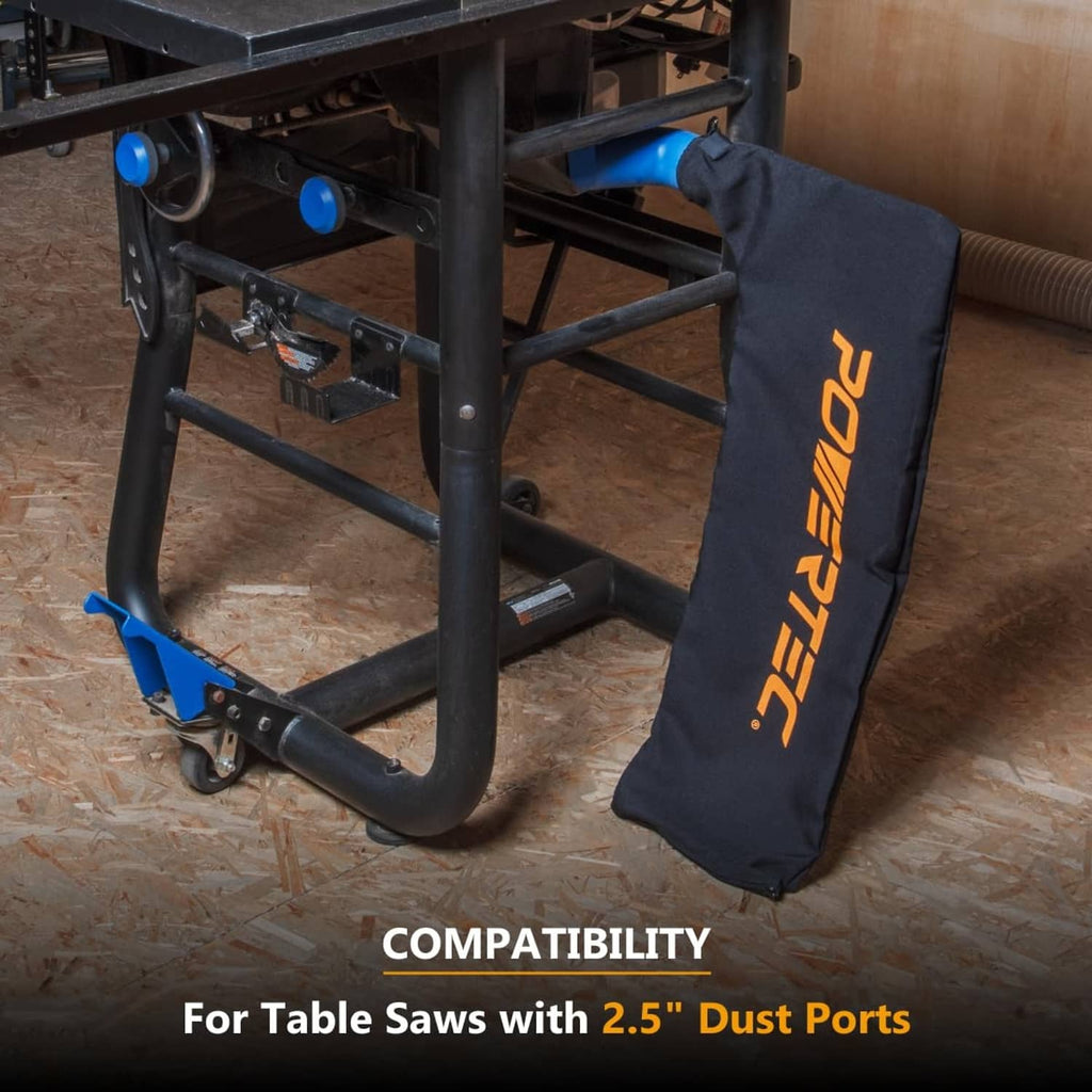 Black POWERTEC dust port bag compatible with table saws using 2.5 in dust ports