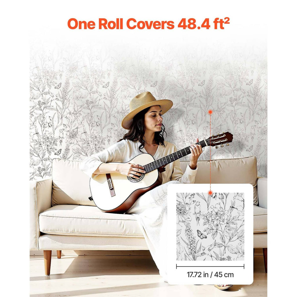 Self-adhesive wallpaper roll with black botanical pattern on white, large coverage