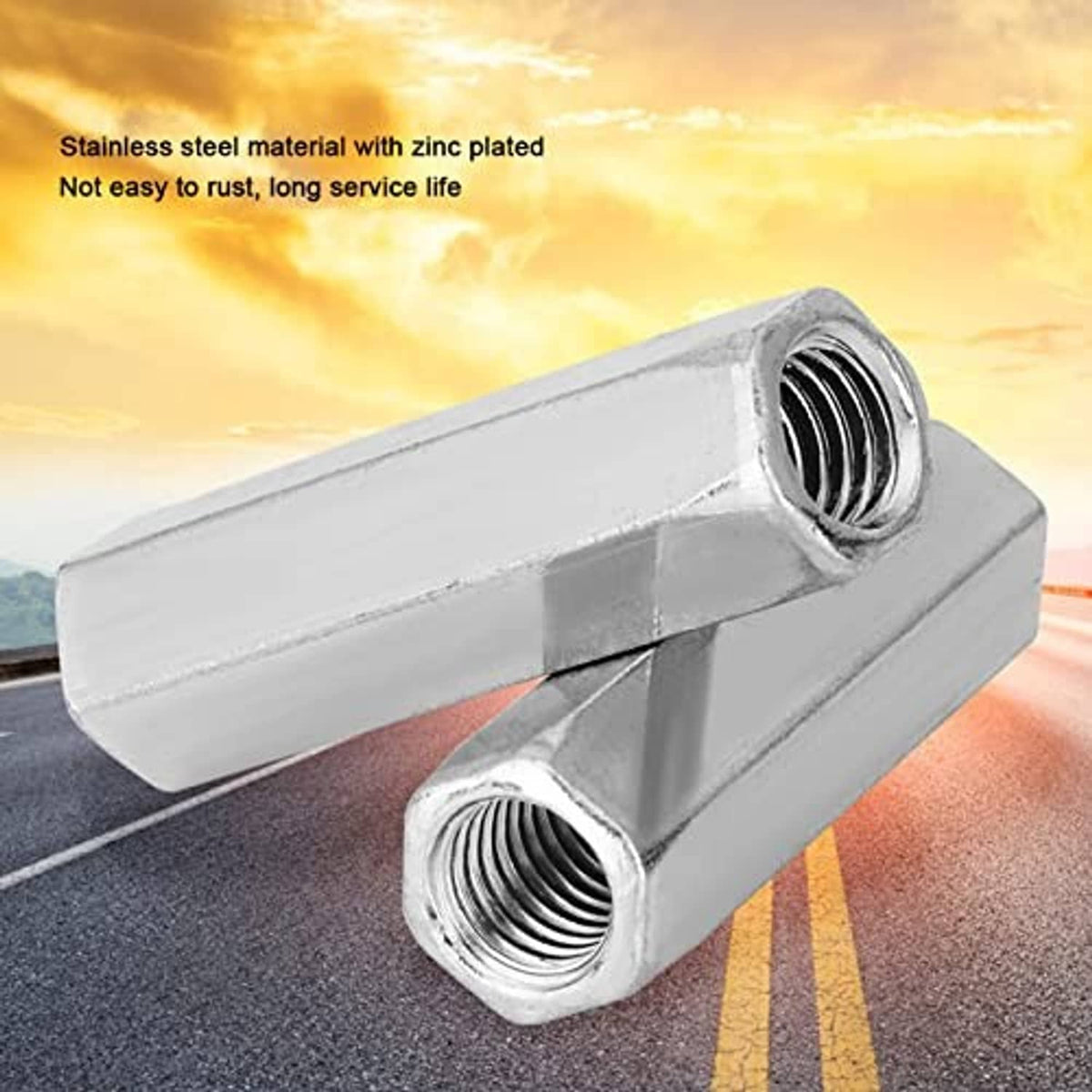 Long hex connecting nut with M10 internal threading, zinc-plated carbon steel