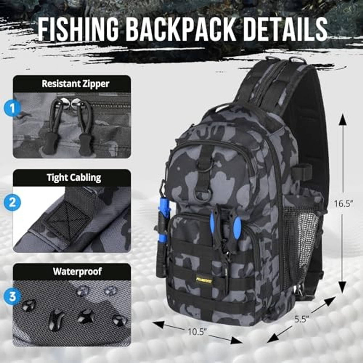 Camouflage black fishing backpack with front pockets and padded shoulder straps