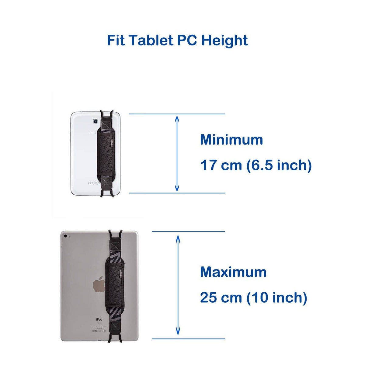 Tablet strap holder size guide showing minimum 17 cm and maximum 25 cm height