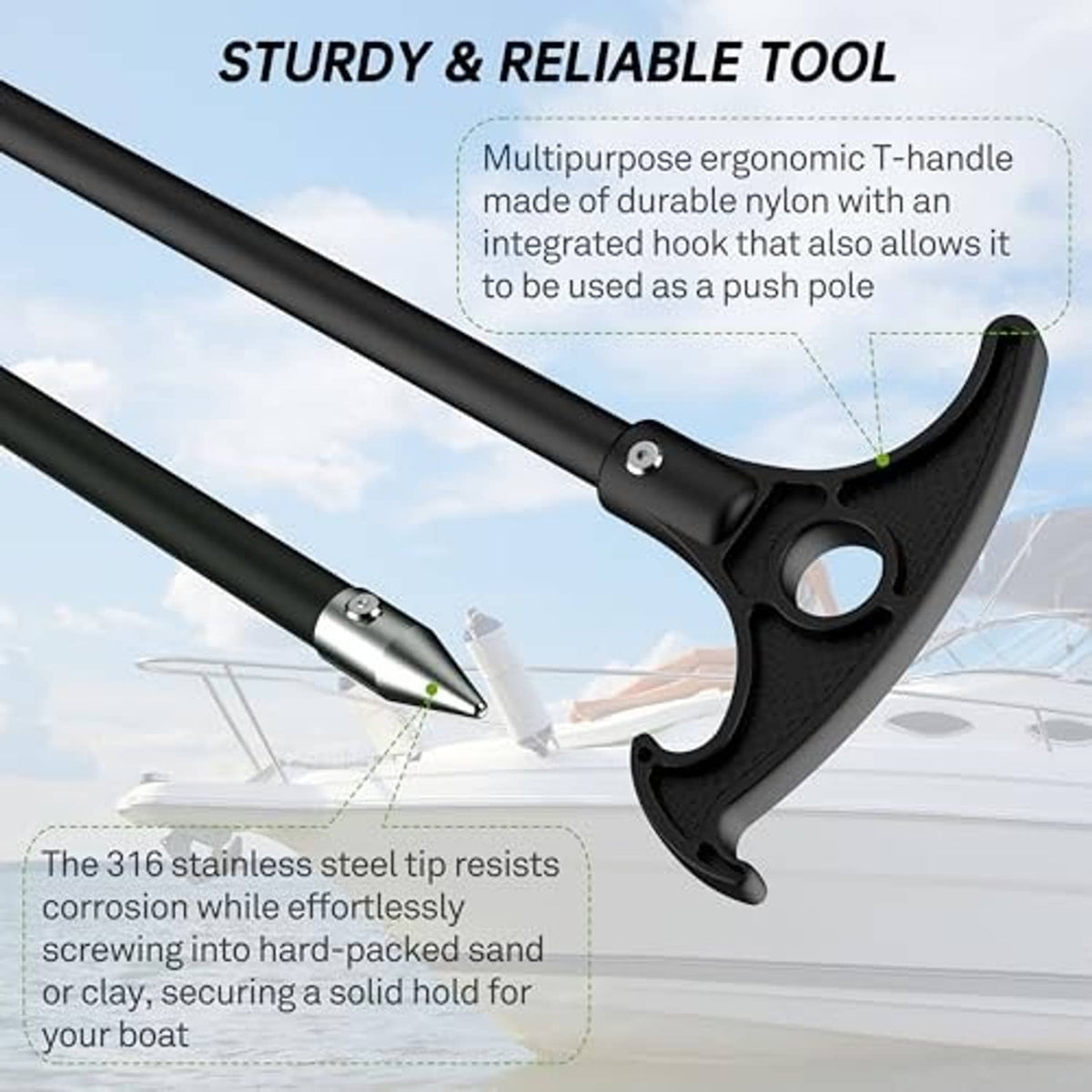 Black anchor pole with ergonomic T-handle hook and stainless steel tip