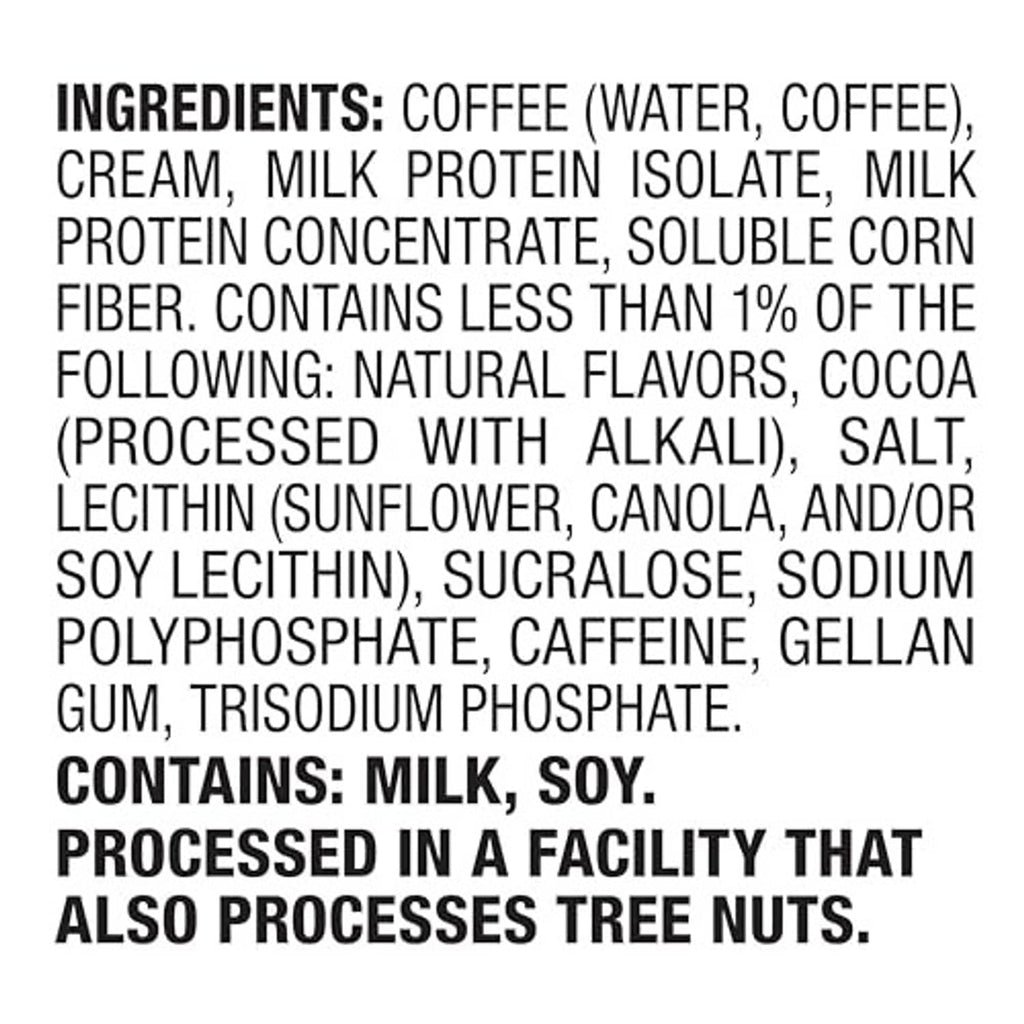 Ingredients list for mocha latte iced coffee, includes coffee, cream, and milk protein isolate