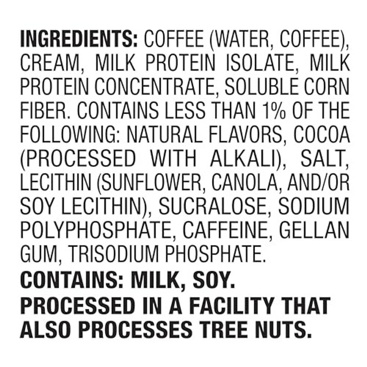 Ingredients list for mocha latte iced coffee, includes coffee, cream, and milk protein isolate