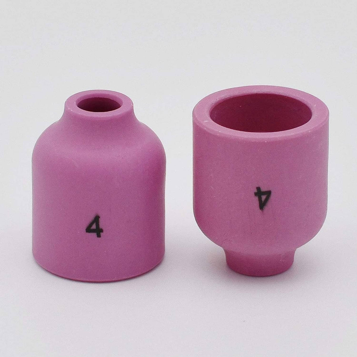 Two purple ceramic gas lens nozzle cups, one side-marked 4; open top