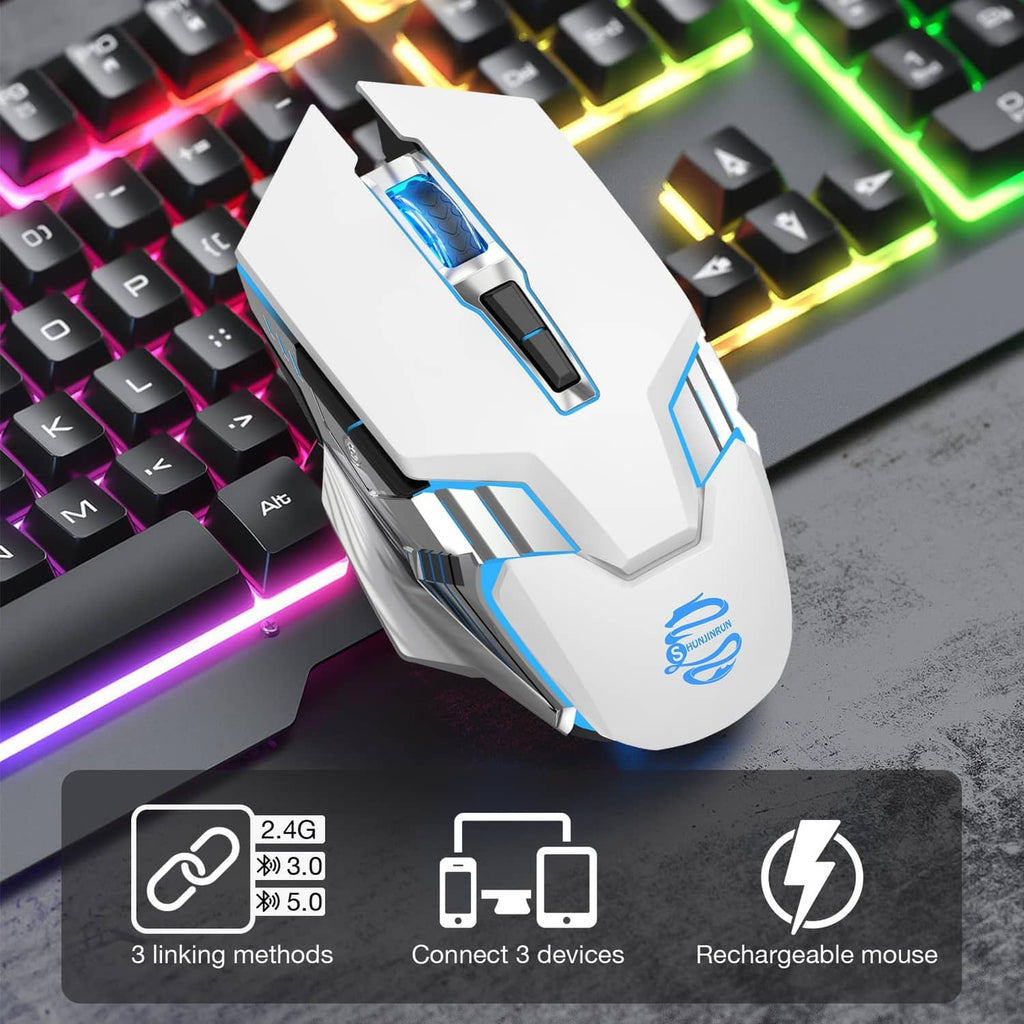 White gaming mouse with multicolor RGB lighting, angled on a keyboard