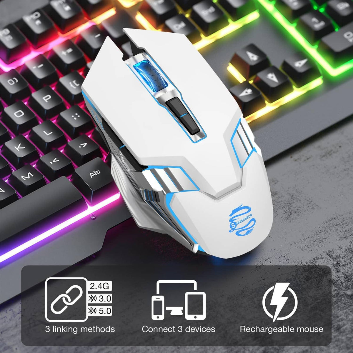 White gaming mouse with multicolor RGB lighting, angled on a keyboard