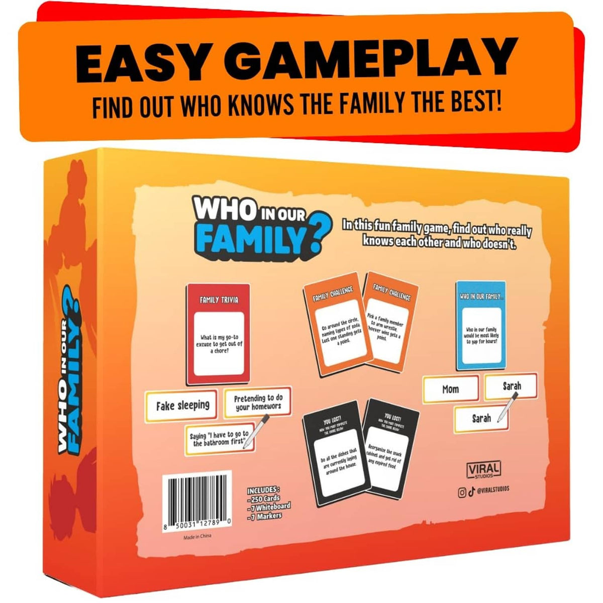 Back of Who in Our Family? game box with gameplay instructions and card examples