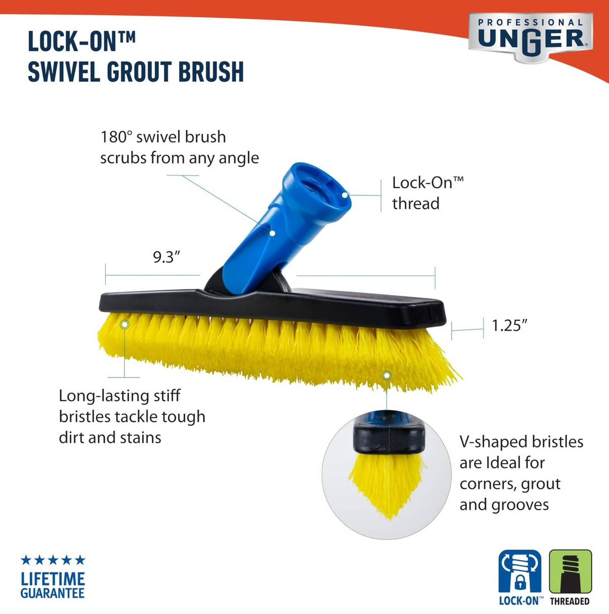 Lock-On swivel grout brush with 180° rotating head and yellow V-shaped bristles