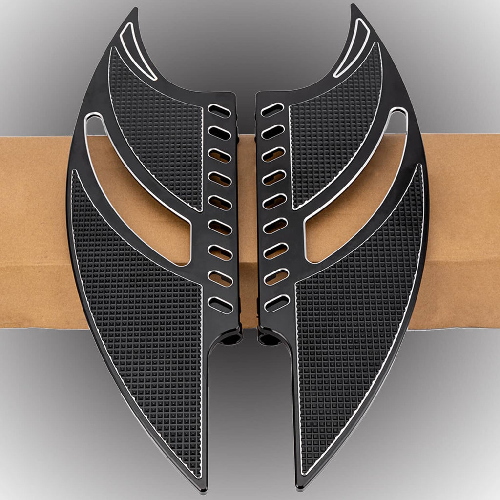 Front motorcycle floorboards pair, black textured pads with silver trim and mounting slots