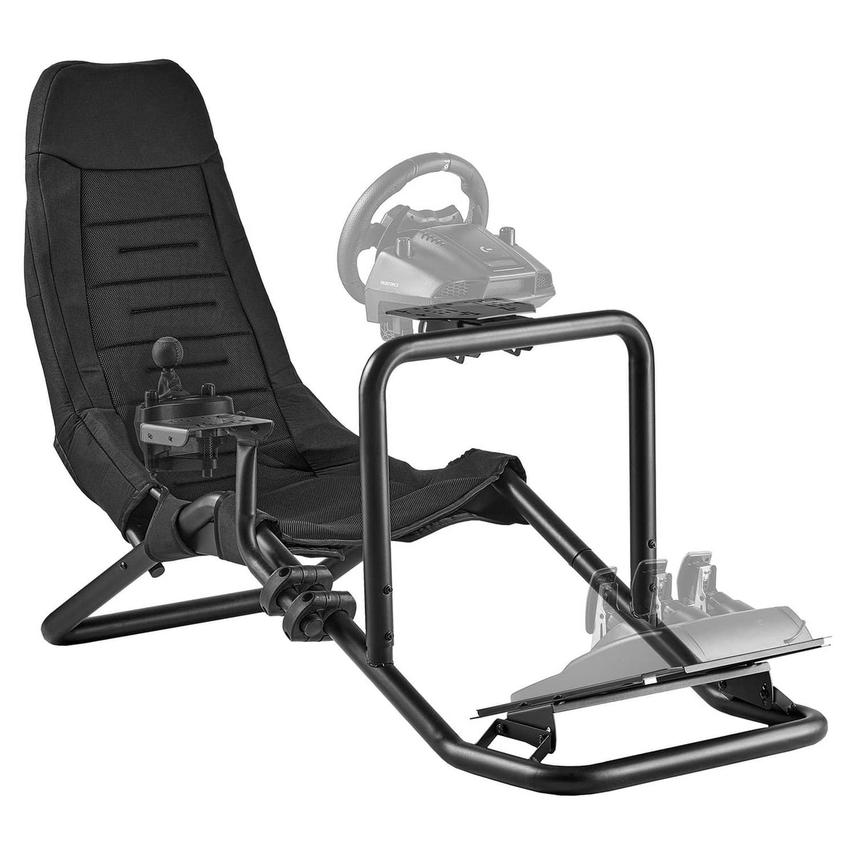 Black racing simulator seat with steering wheel mount and pedal frame, side view.