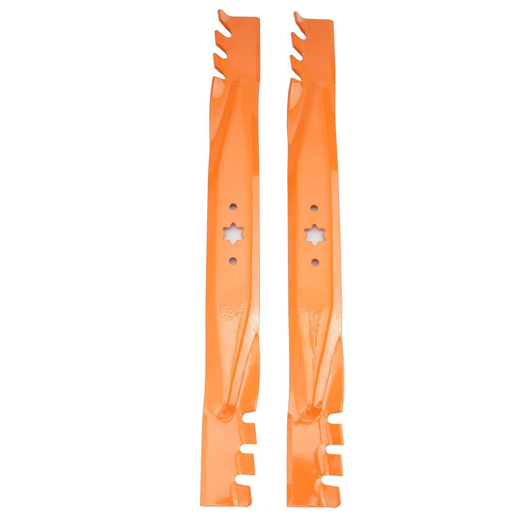 Set of two orange mower deck blades with star cutouts and long mounting slots
