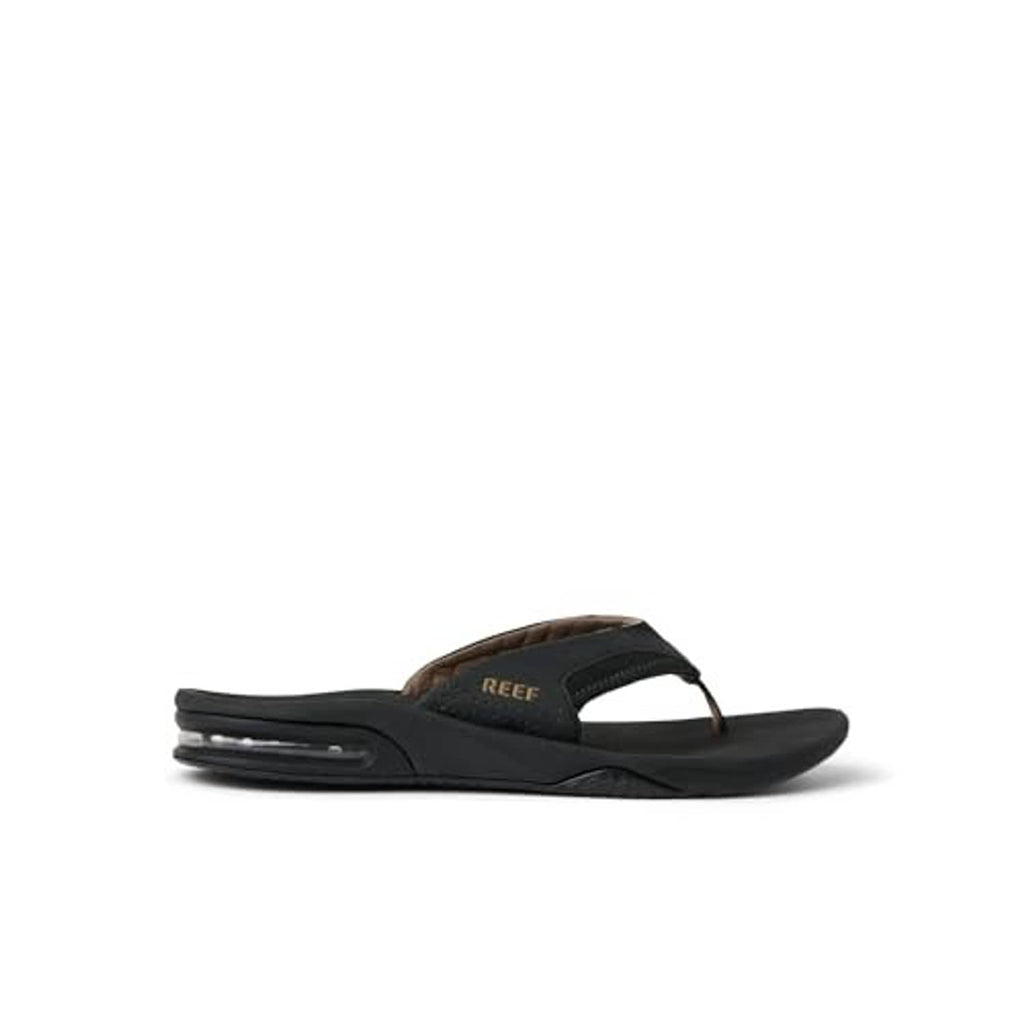 Black thong sandals with brown footbed, side profile and cushioned sole