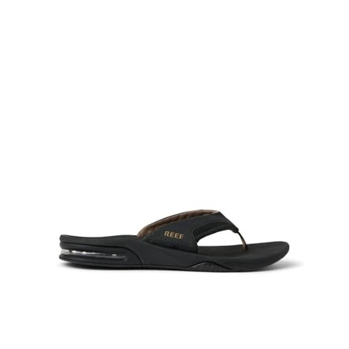 Black thong sandals with brown footbed, side profile and cushioned sole