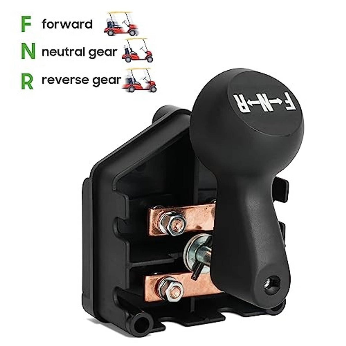 Close-up of black forward-neutral-reverse switch with F-N-R knob and copper terminals