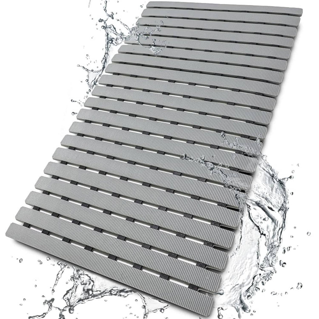 Grey ribbed shower mat with raised bars and water-splash texture for grip