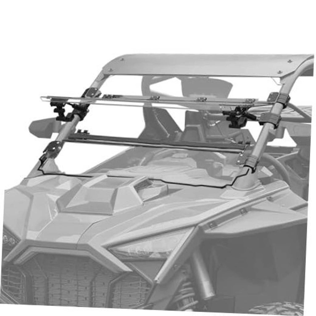 Flip-up windshield with dark mounting brackets for side-by-side UTV cab