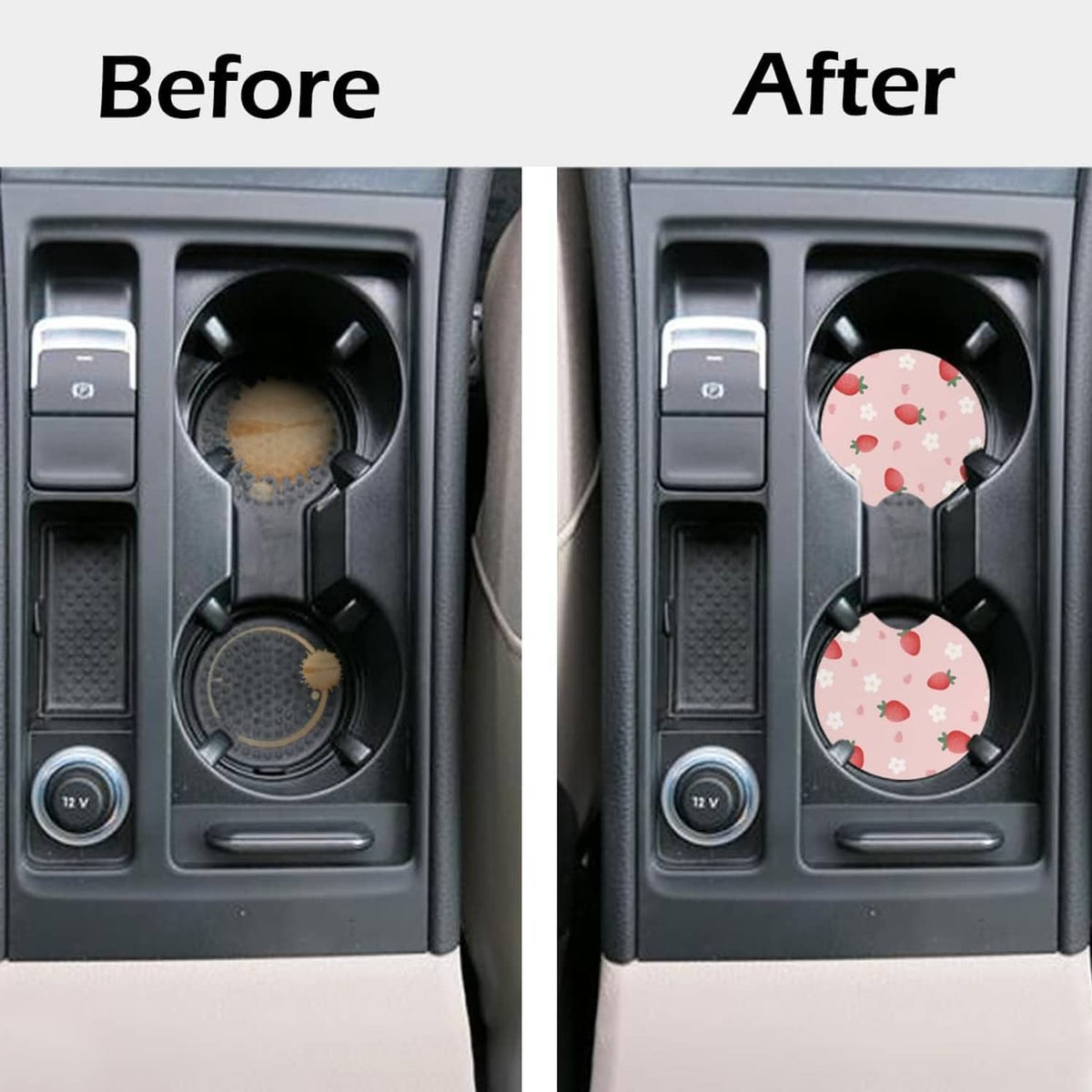 Two strawberry-pattern car cup coasters installed in dashboard cup holders
