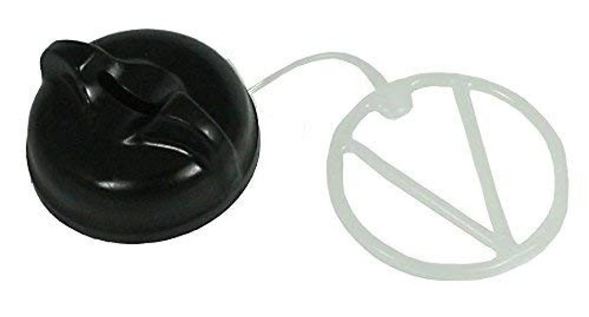 Chainsaw oil cap assembly showing black cap and clear retainer with spokes
