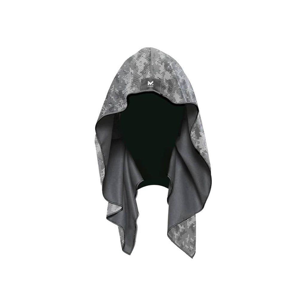 Grey digi camo cooling hood towel with black interior and M logo patch