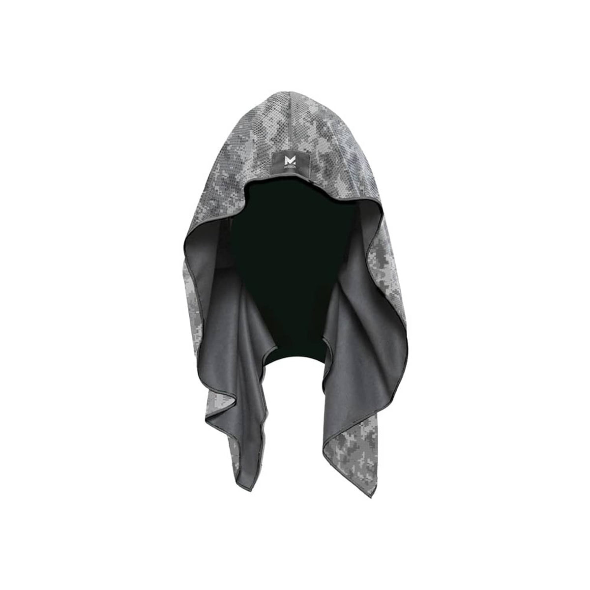 Grey digi camo cooling hood towel with black interior and M logo patch