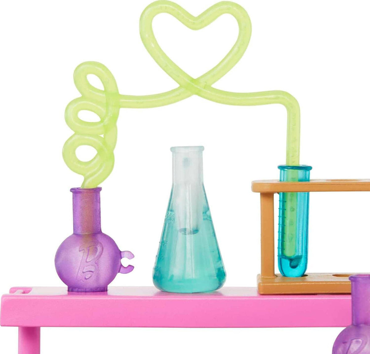 Science lab bench detail with green heart tube, purple base flask, blue beaker