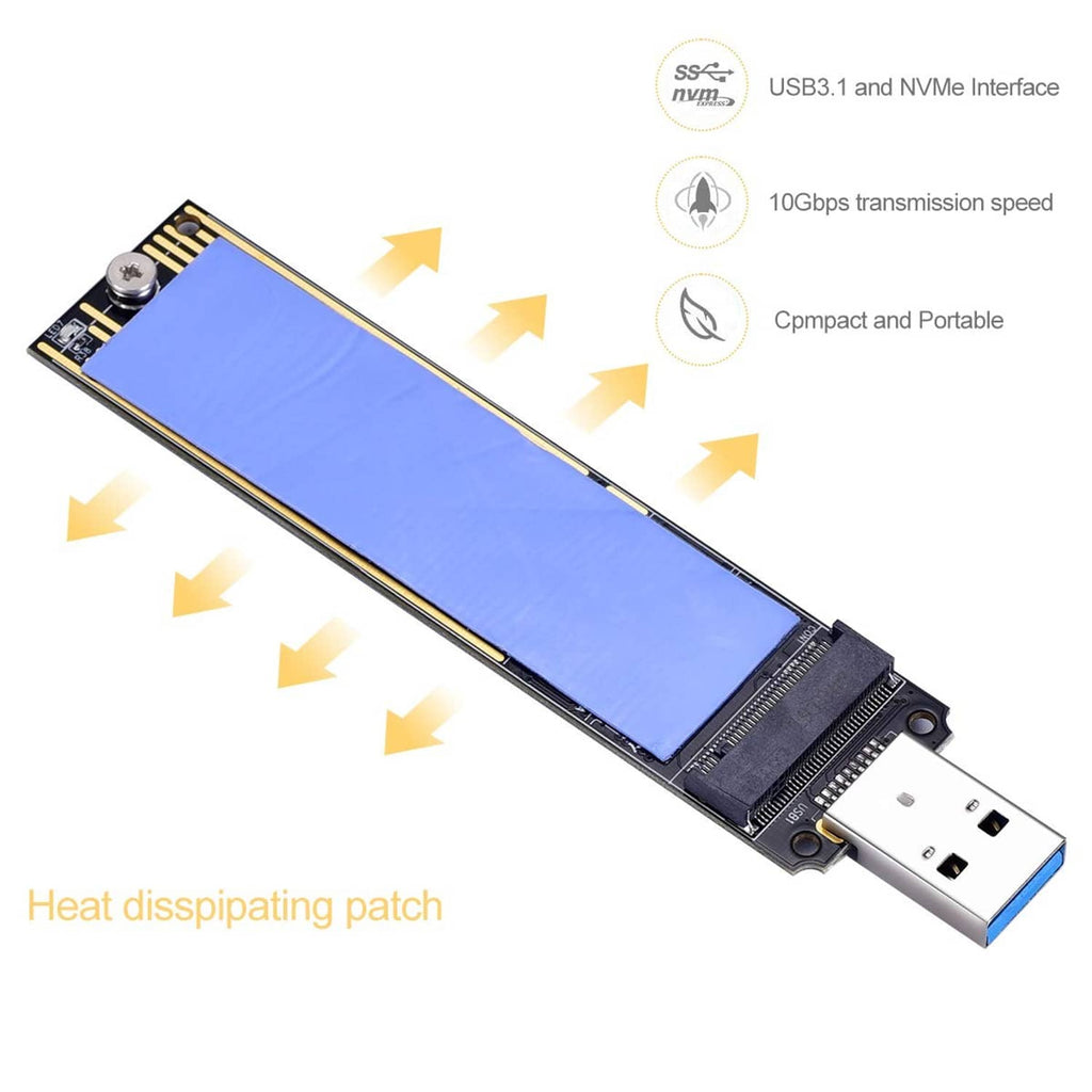 M.2 NVMe to USB adapter PCB with heat-dissipating patch and USB-A plug