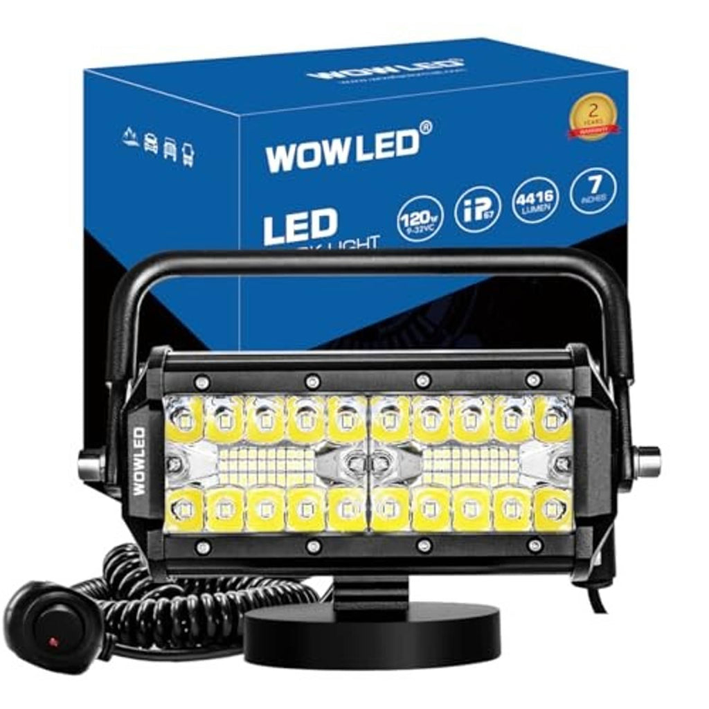 Black magnetic LED work light bar with multi-chip LED panel, side handles, and power cable