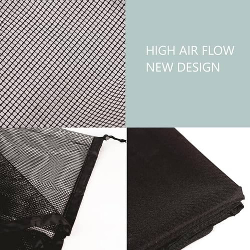 Mesh outdoor AC cover with black drawstring edge and breathable panel texture