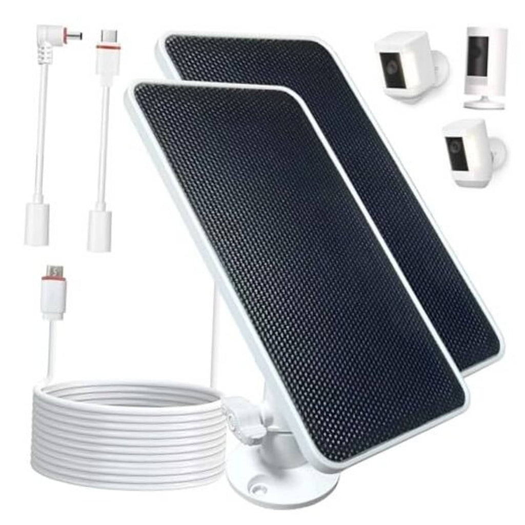 Solar panel charger kit with two dark solar panels, white mount, and long cable